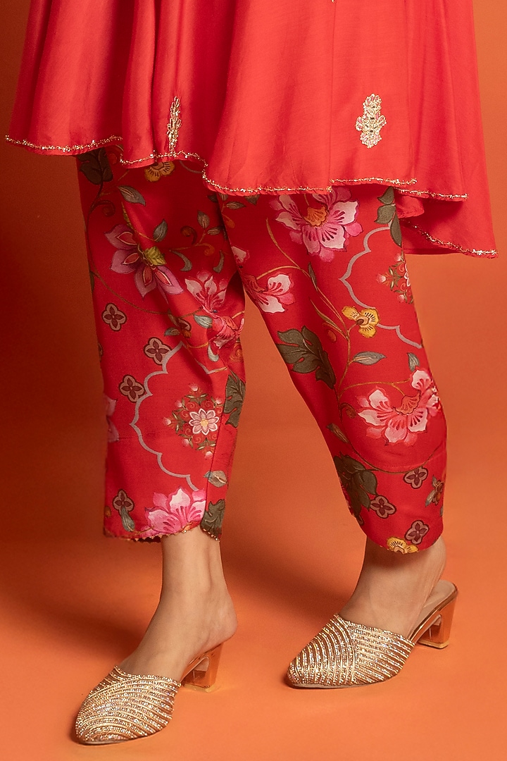 Red Cotton Silk Hand Embroidered Short Party Wear Anarkali Set by Tanu Malhotra at Pernia's Pop Up Shop