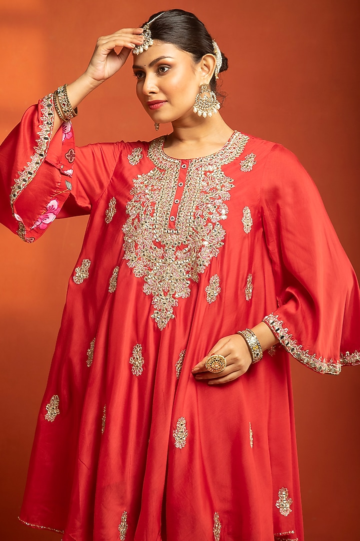 Red Cotton Silk Hand Embroidered Short Party Wear Anarkali Set by Tanu Malhotra at Pernia's Pop Up Shop