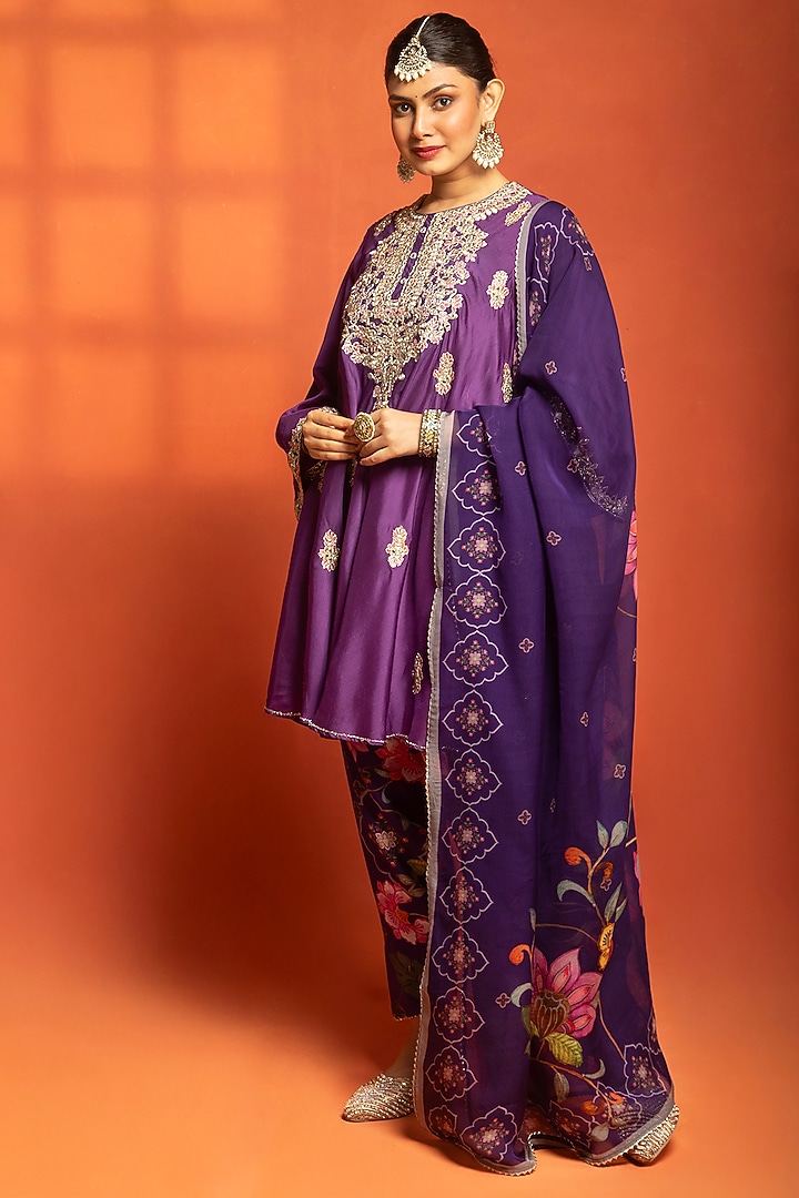 Purple Cotton Silk Hand Embroidered Short Party Wear Anarkali Set by Tanu Malhotra at Pernia's Pop Up Shop