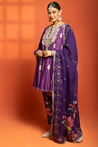Purple Cotton Silk Hand Embroidered Short Anarkali Set by Tanu Malhotra