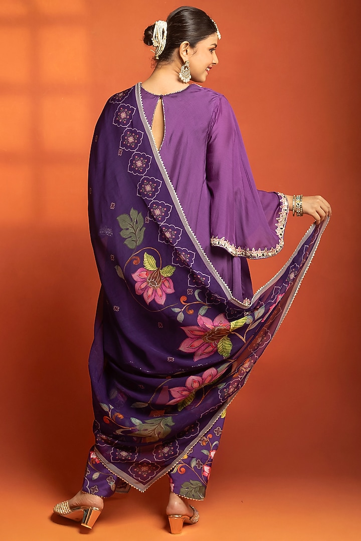 Purple Cotton Silk Hand Embroidered Short Party Wear Anarkali Set by Tanu Malhotra at Pernia's Pop Up Shop