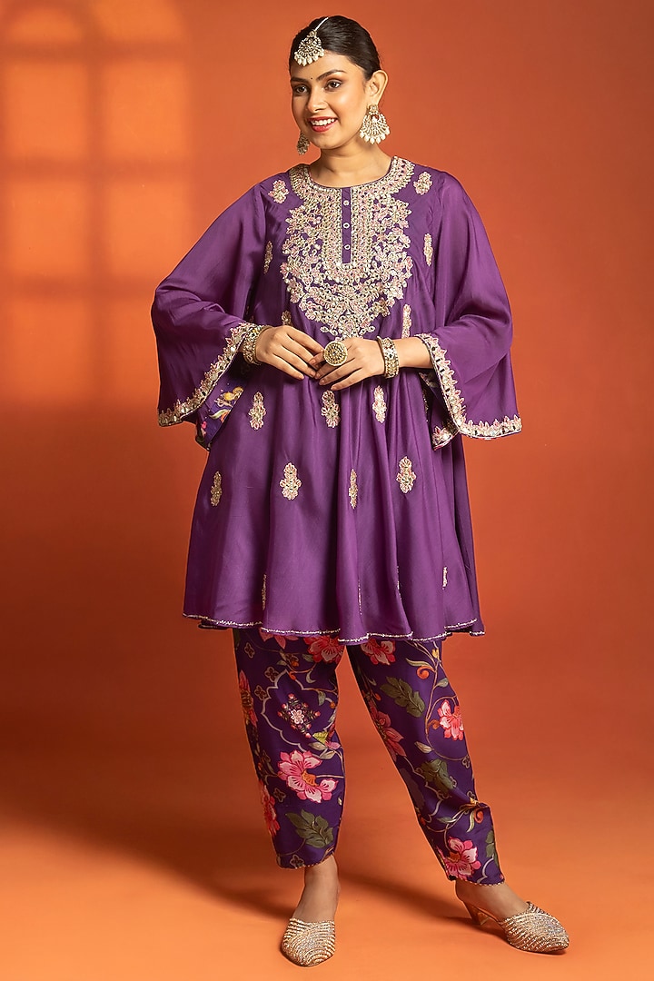 Purple Cotton Silk Hand Embroidered Short Party Wear Anarkali Set by Tanu Malhotra at Pernia's Pop Up Shop
