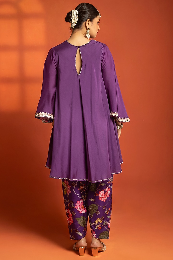 Purple Cotton Silk Hand Embroidered Short Party Wear Anarkali Set by Tanu Malhotra at Pernia's Pop Up Shop