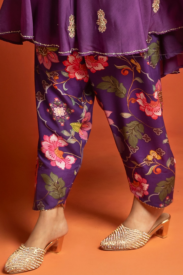 Purple Cotton Silk Hand Embroidered Short Party Wear Anarkali Set by Tanu Malhotra at Pernia's Pop Up Shop