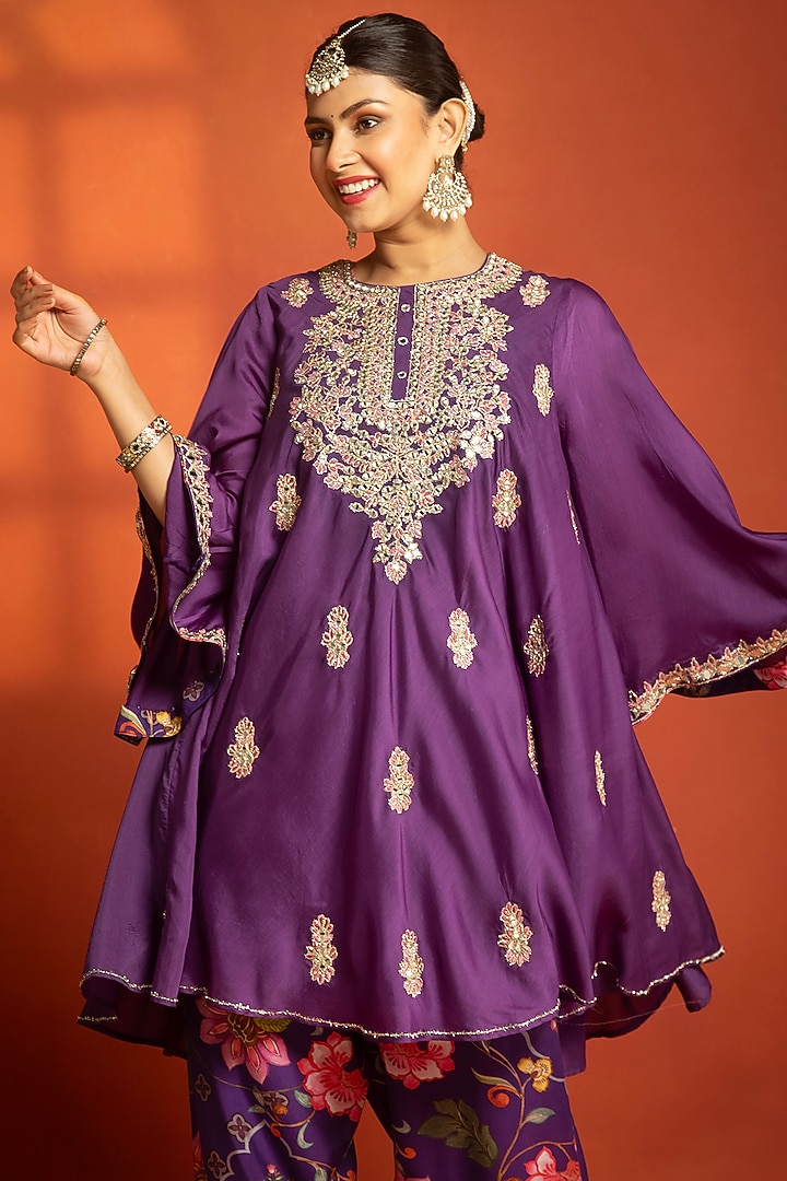 Purple Cotton Silk Hand Embroidered Short Party Wear Anarkali Set by Tanu Malhotra at Pernia's Pop Up Shop