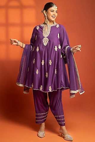 Purple Cotton Silk Embroidered Short Kurta Set by Tanu Malhotra