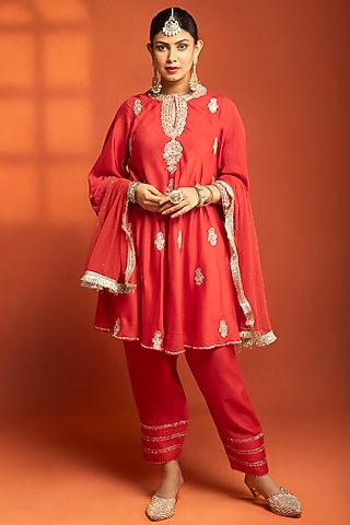 Red Cotton Silk Embroidered Short Kurta Set by Tanu Malhotra
