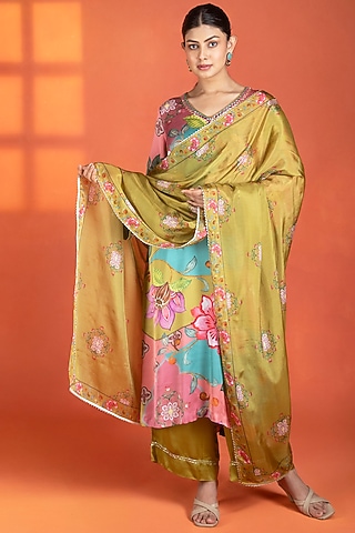 Multi-Colored Modal Satin Floral Printed Kurta Set by Tanu Malhotra