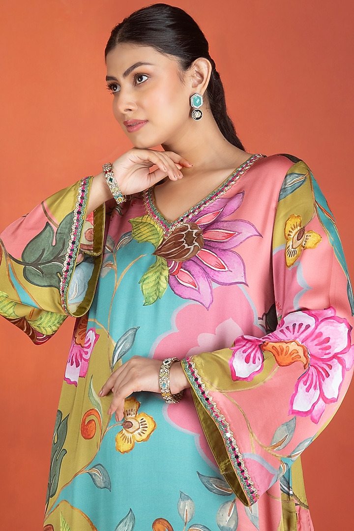 Multi-Colored Modal Satin Floral Printed Kurta Set by Tanu Malhotra at Pernia's Pop Up Shop