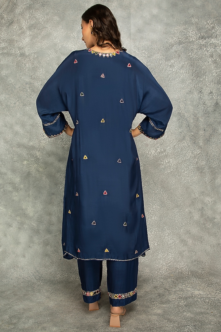 Blue Crepe Mirror Work High-Low Kaftan Set by Tanu Malhotra at Pernia's Pop Up Shop