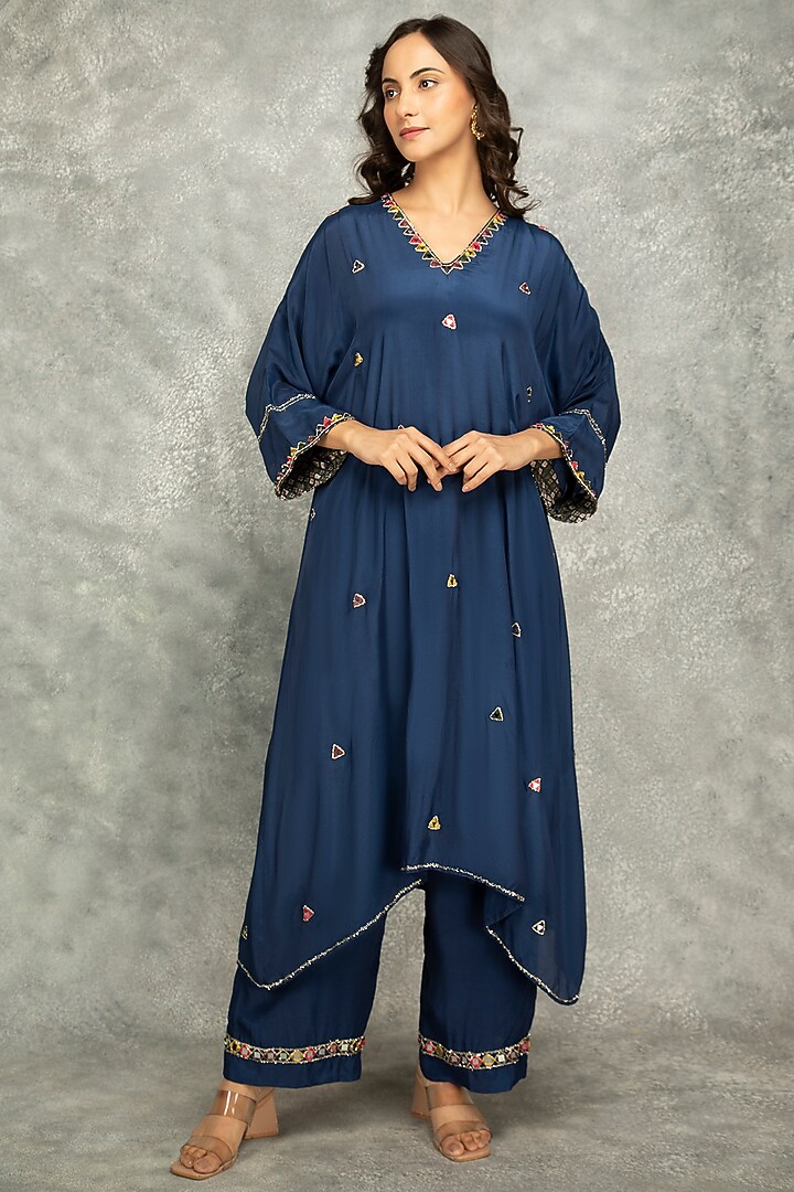 Blue Crepe Mirror Work High-Low Kaftan Set by Tanu Malhotra at Pernia's Pop Up Shop
