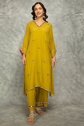 Mustard Green Crepe Mirror Work High-Low Kaftan Set by Tanu Malhotra