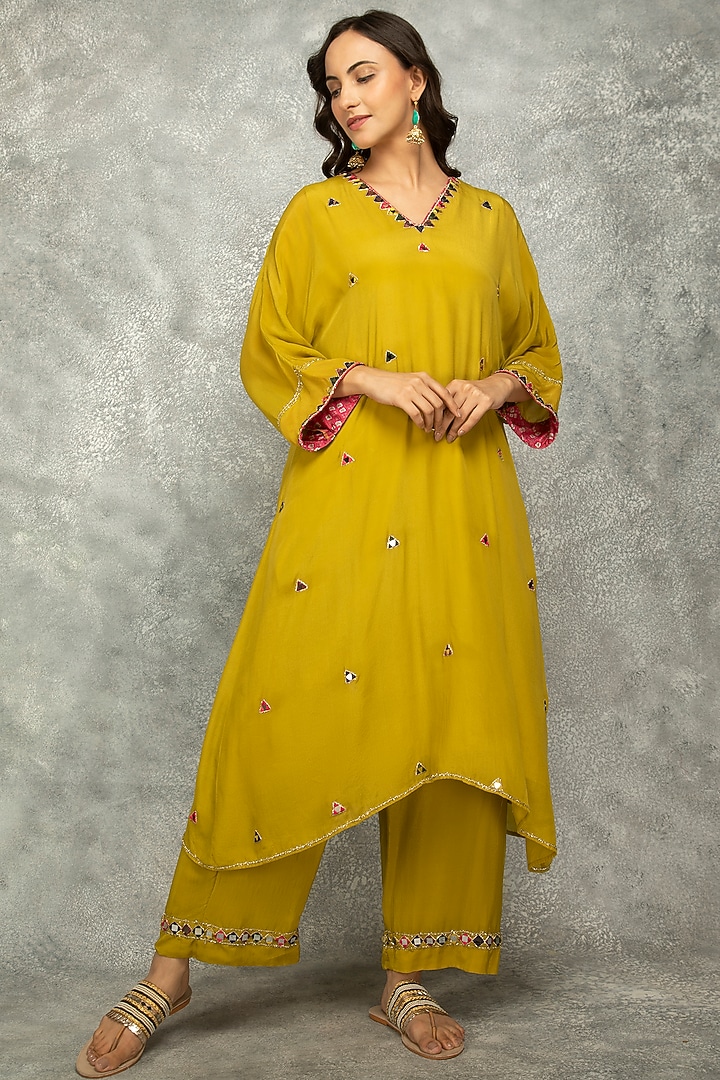 Mustard Green Crepe Mirror Work High-Low Kaftan Set by Tanu Malhotra at Pernia's Pop Up Shop