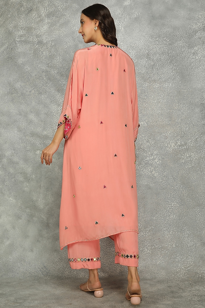 Peach Crepe Mirror Work High-Low Kaftan Set by Tanu Malhotra at Pernia's Pop Up Shop