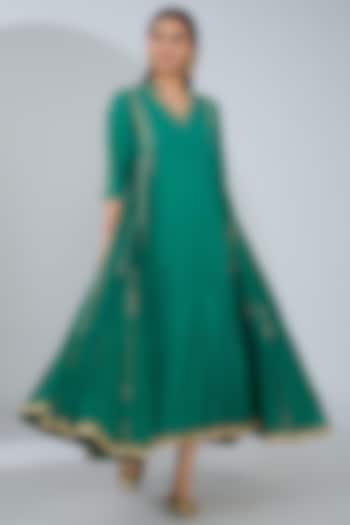 Turquoise Green Organic Cotton Hand Embroidered Maxi Dress by Tanu Malhotra