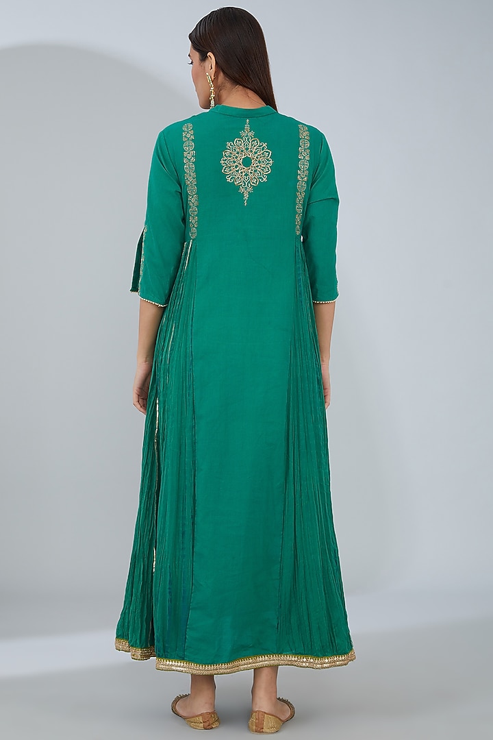 Turquoise Green Organic Cotton Hand Embroidered Maxi Vacation Dress by Tanu Malhotra at Pernia's Pop Up Shop