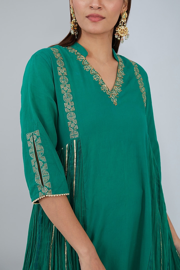 Turquoise Green Organic Cotton Hand Embroidered Maxi Vacation Dress by Tanu Malhotra at Pernia's Pop Up Shop