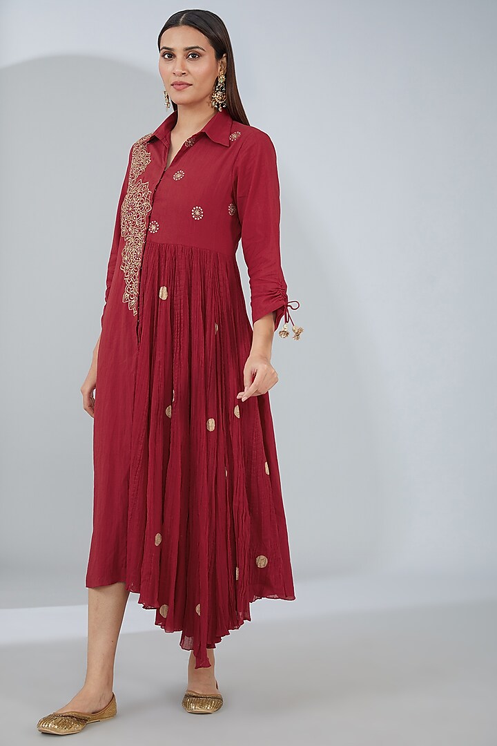 Red Organic Cotton Hand Embroidered Shirt Dress by Tanu Malhotra