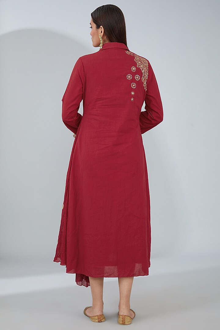 Red Organic Cotton Hand Embroidered Vacation Shirt Dress by Tanu Malhotra at Pernia's Pop Up Shop