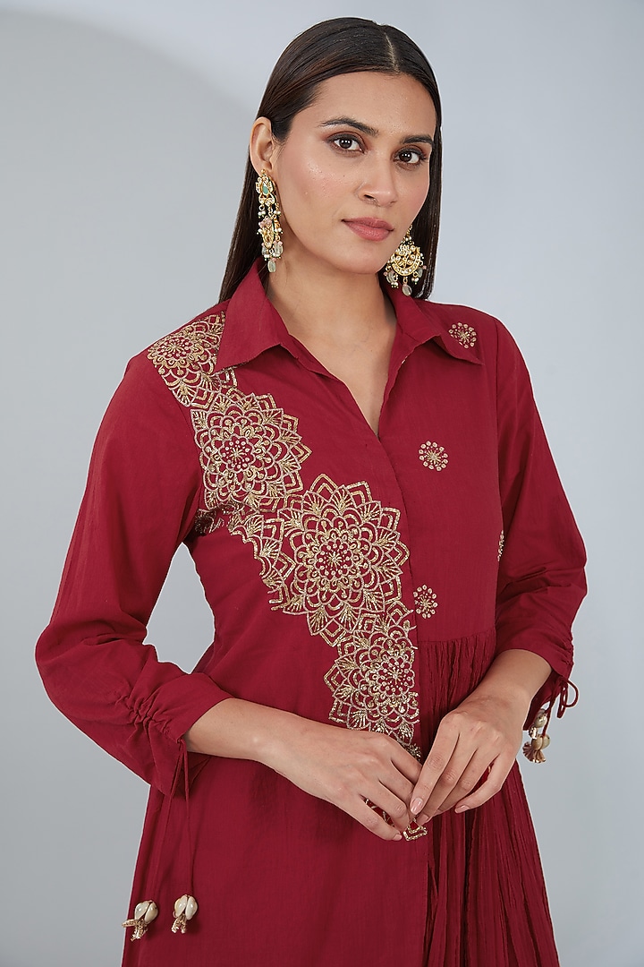Red Organic Cotton Hand Embroidered Vacation Shirt Dress by Tanu Malhotra at Pernia's Pop Up Shop
