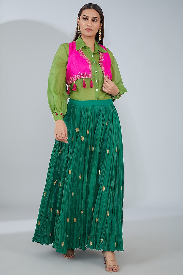 Green Organic Cotton Crinkled Palazzo Set by Tanu Malhotra at Pernia's Pop Up Shop