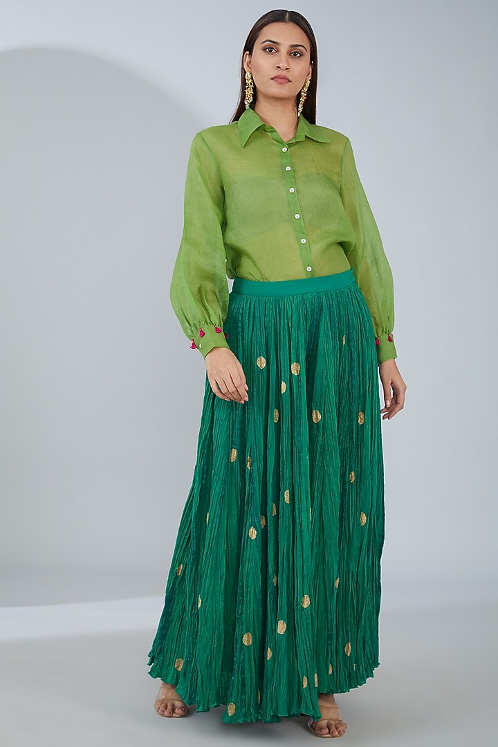 Green Organic Cotton Crinkled Palazzo Set by Tanu Malhotra at Pernia's Pop Up Shop