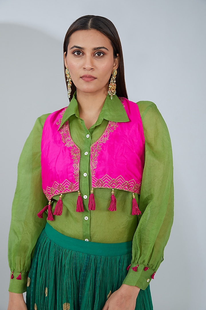 Green Organic Cotton Crinkled Palazzo Set by Tanu Malhotra at Pernia's Pop Up Shop