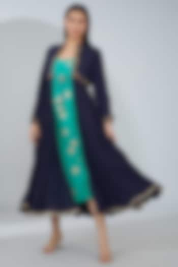 Navy Blue & Blue Organic Cotton Midi Jacket Dress by Tanu Malhotra at Pernia's Pop Up Shop