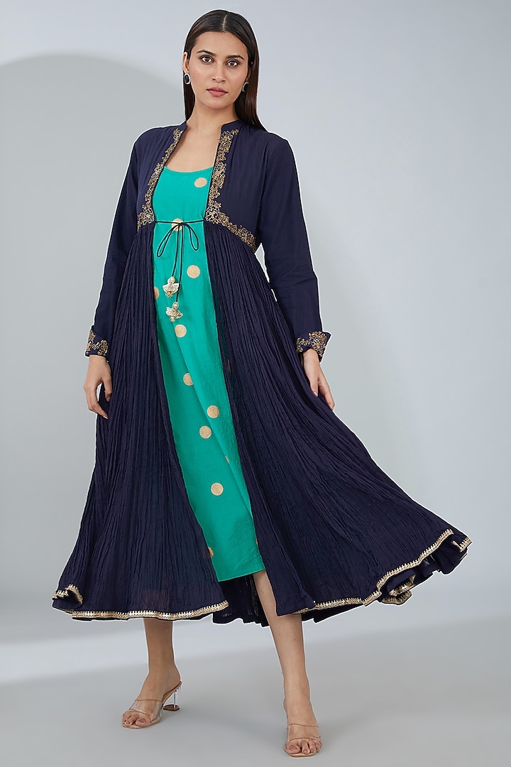 Navy Blue & Blue Organic Cotton Midi Jacket Dress by Tanu Malhotra at Pernia's Pop Up Shop