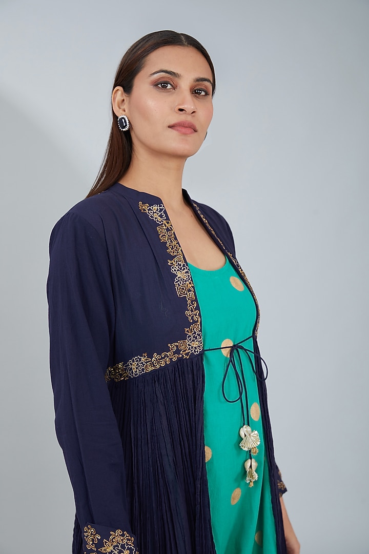 Navy Blue & Blue Organic Cotton Midi Jacket Vacation Dress by Tanu Malhotra at Pernia's Pop Up Shop