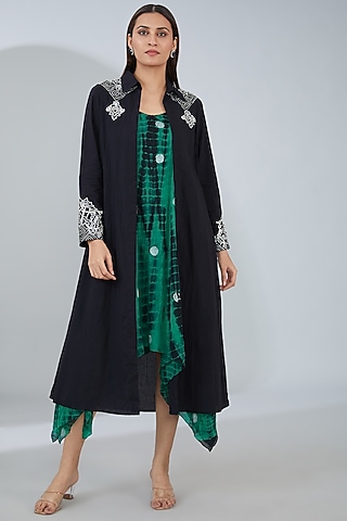 Black Organic Cotton Tie-Dyed Midi Jacket Dress by Tanu Malhotra