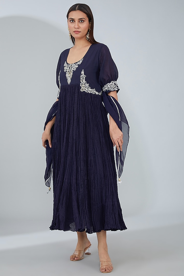 Blue Organic Cotton Hand Embroidered Maxi Dress With Scarf by Tanu Malhotra
