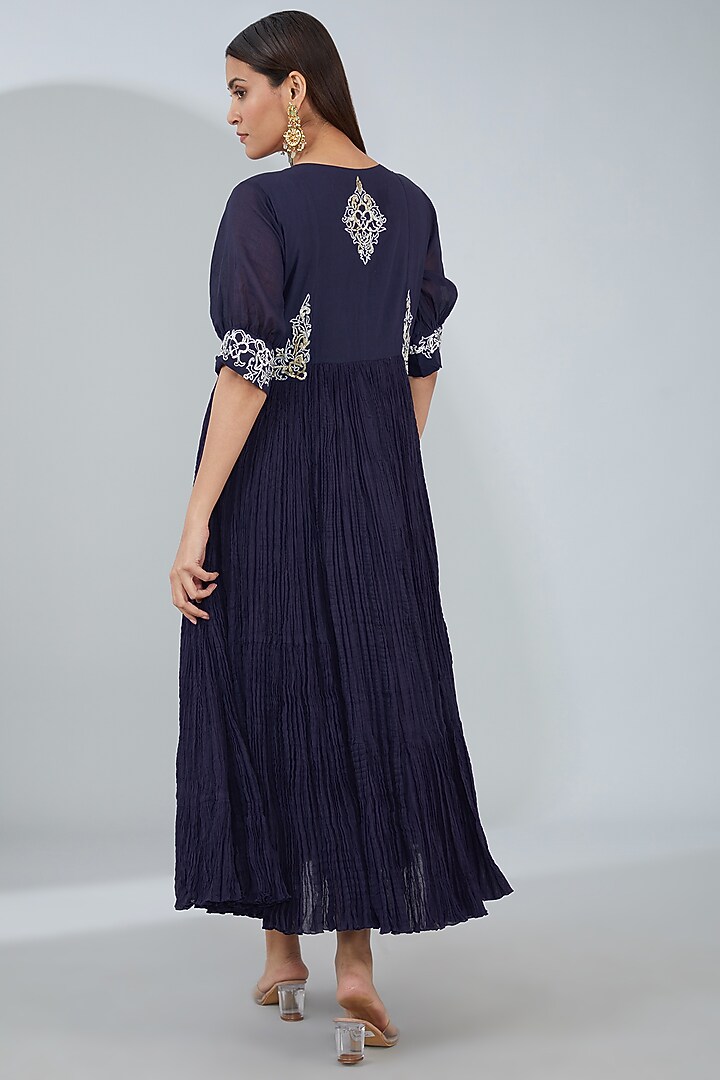 Blue Organic Cotton Hand Embroidered Maxi Vacation Dress With Scarf by Tanu Malhotra at Pernia's Pop Up Shop