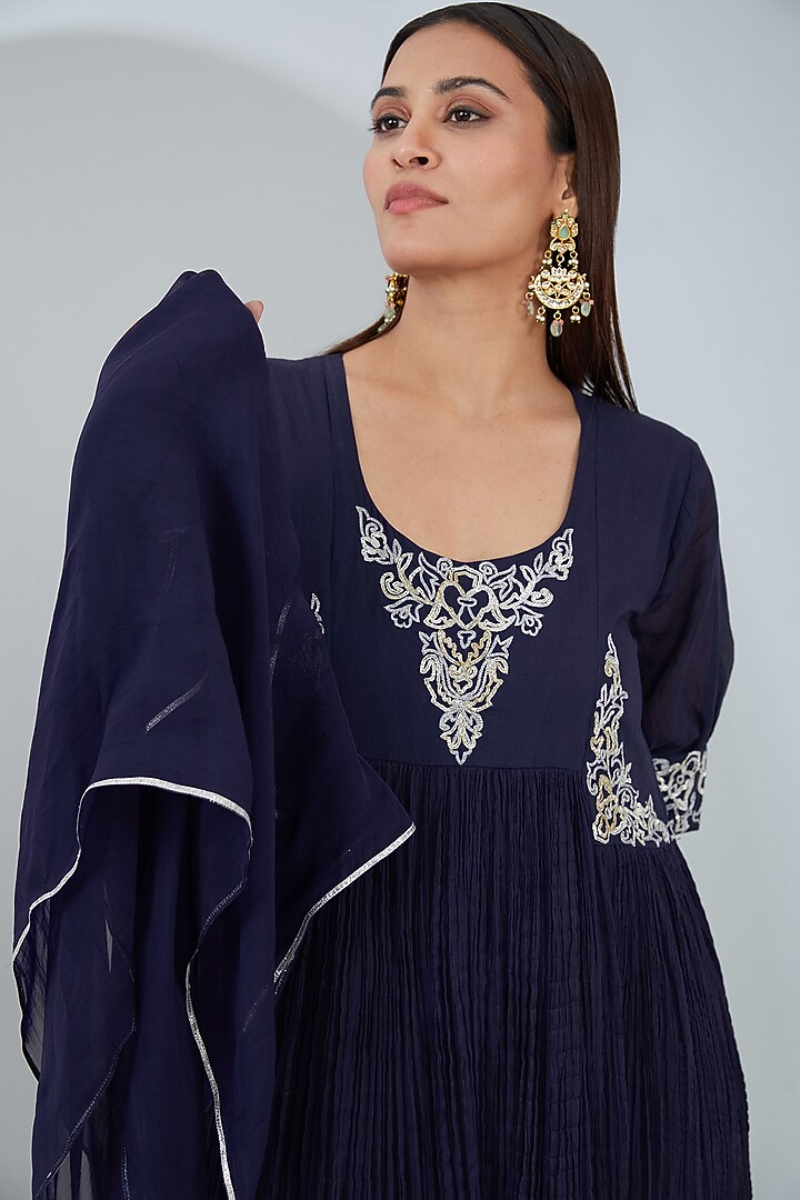 Blue Organic Cotton Hand Embroidered Maxi Vacation Dress With Scarf by Tanu Malhotra at Pernia's Pop Up Shop