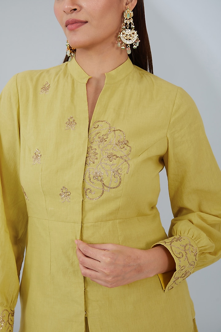 Lime Green Organic Cotton Crinkled Skirt Set by Tanu Malhotra at Pernia's Pop Up Shop