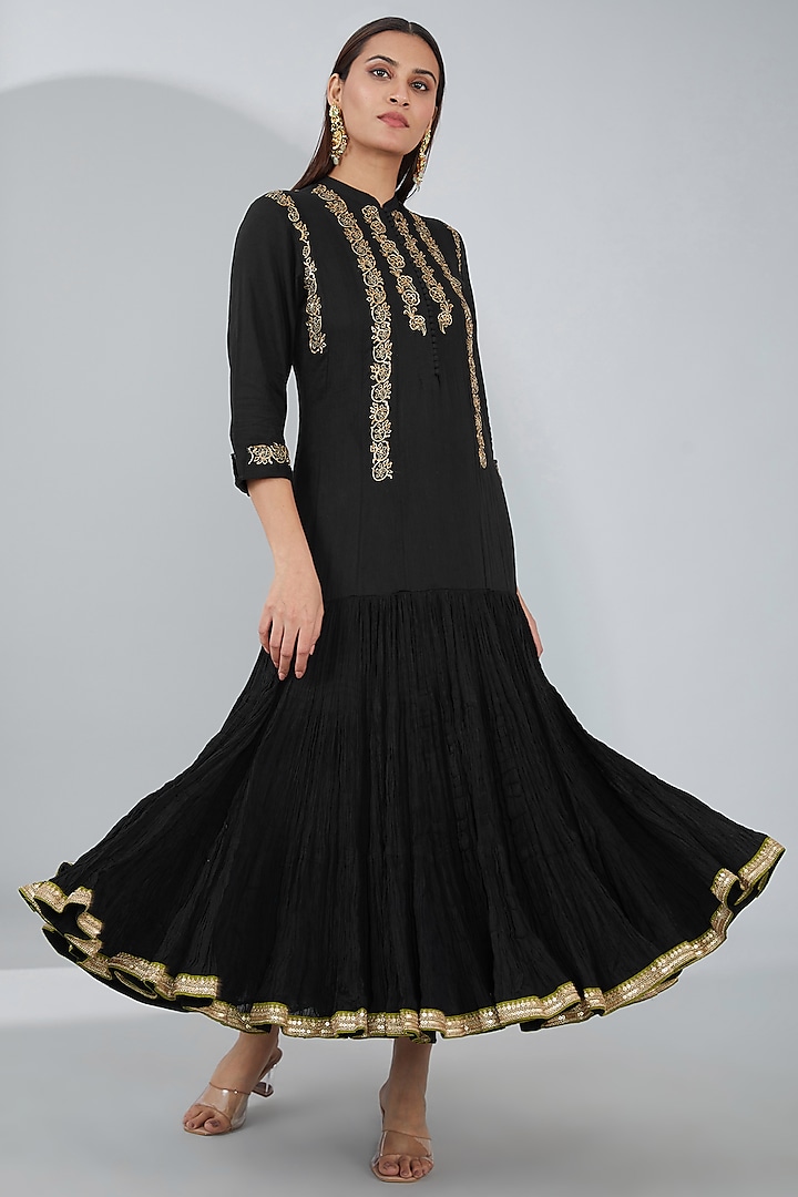 Black Organic Cotton Hand Embroidered Maxi Dress by Tanu Malhotra