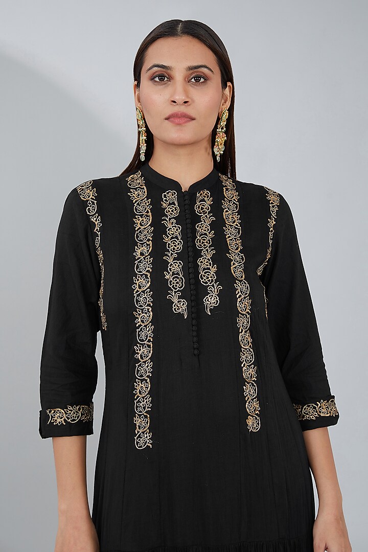 Black Organic Cotton Hand Embroidered Maxi Vacation Dress by Tanu Malhotra at Pernia's Pop Up Shop