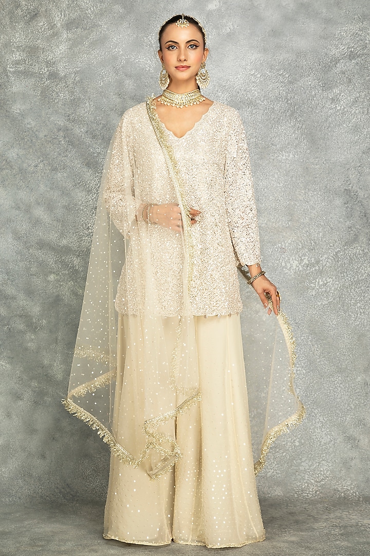 Ivory Organza Embroidered Sharara Set by Tanu Malhotra at Pernia's Pop Up Shop