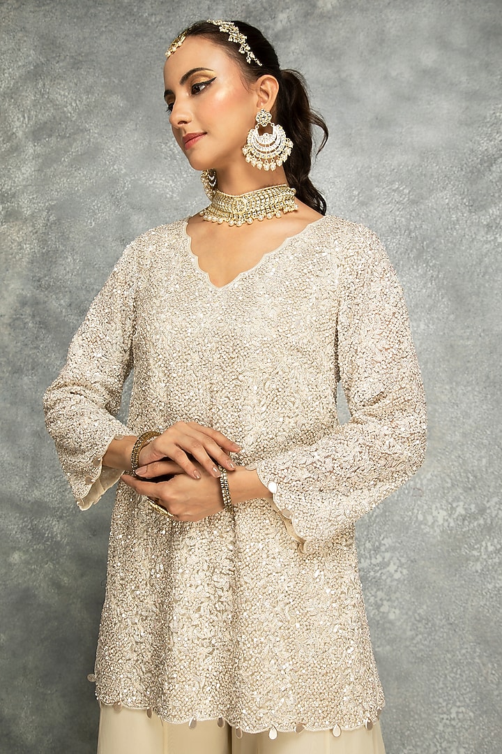 Ivory Organza Embroidered Wedding Sharara Set by Tanu Malhotra at Pernia's Pop Up Shop