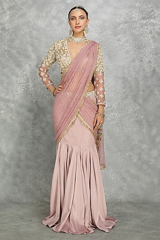 Purple Net & Chiffon Draped FIsh-Cut Skirt Saree Set by Tanu Malhotra