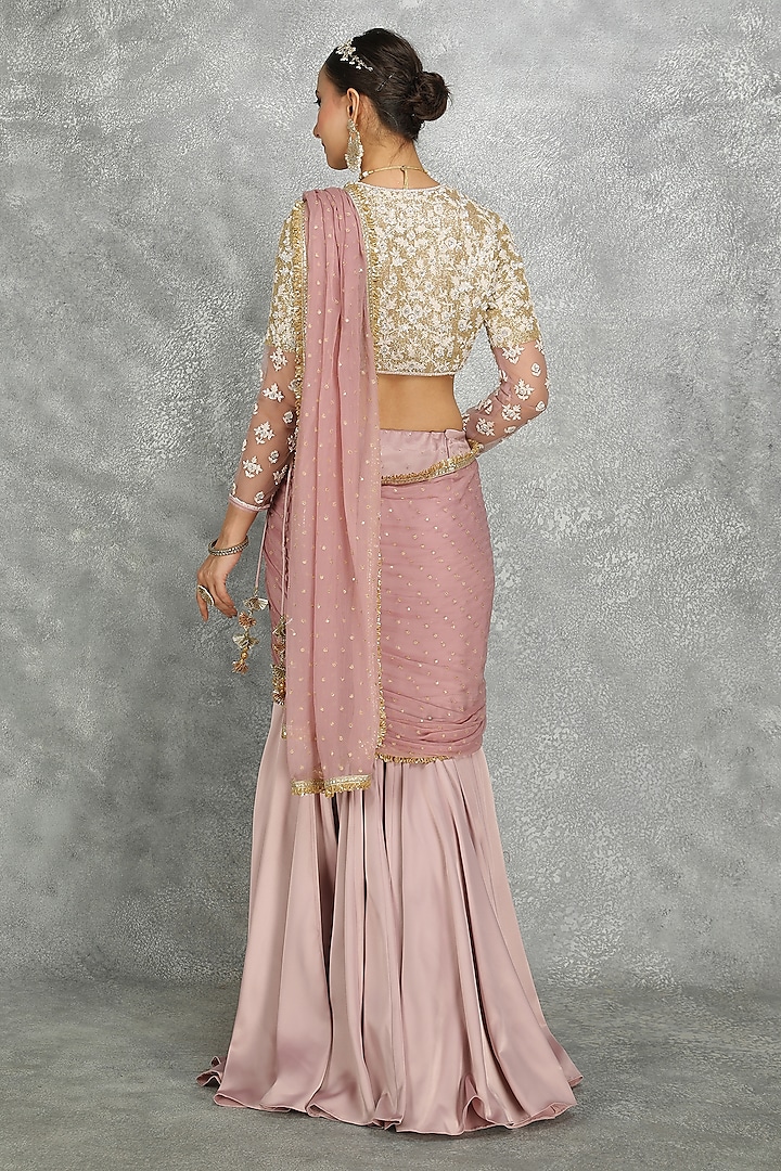 Purple Net & Chiffon Draped FIsh-Cut Skirt Wedding Saree Set by Tanu Malhotra at Pernia's Pop Up Shop