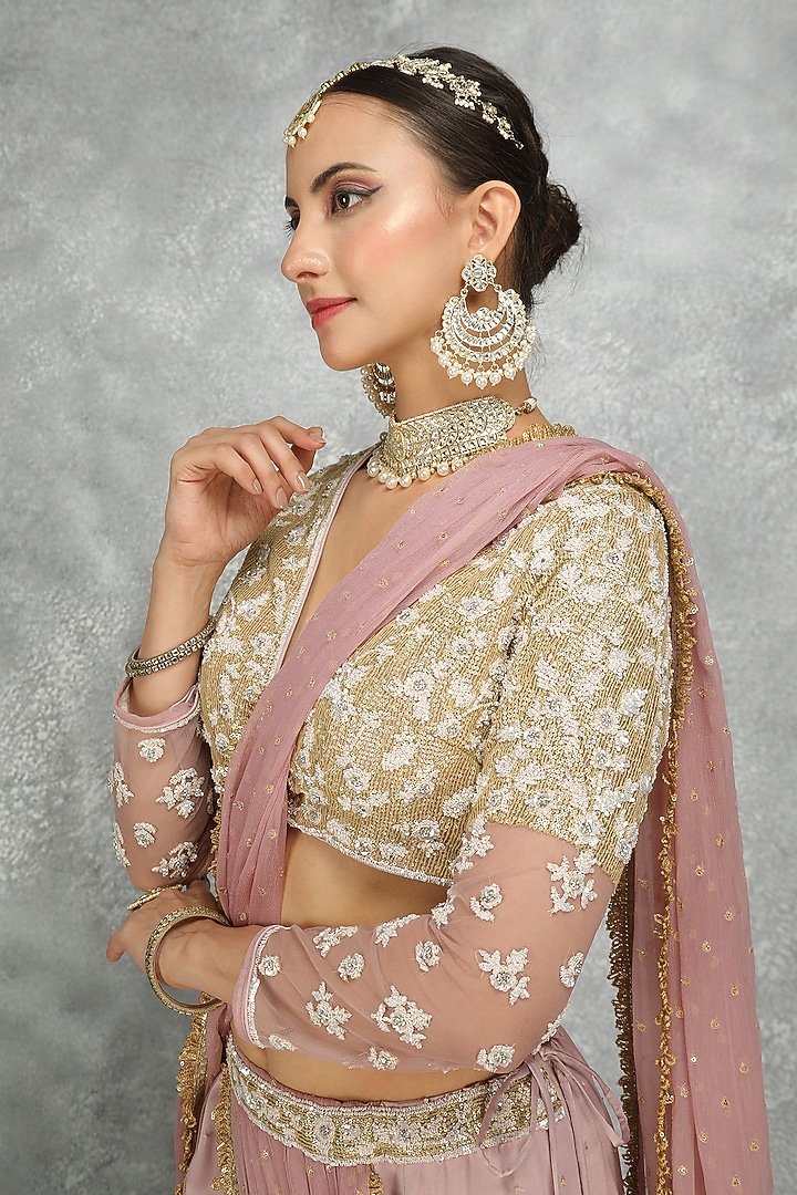 Purple Net & Chiffon Draped FIsh-Cut Skirt Wedding Saree Set by Tanu Malhotra at Pernia's Pop Up Shop