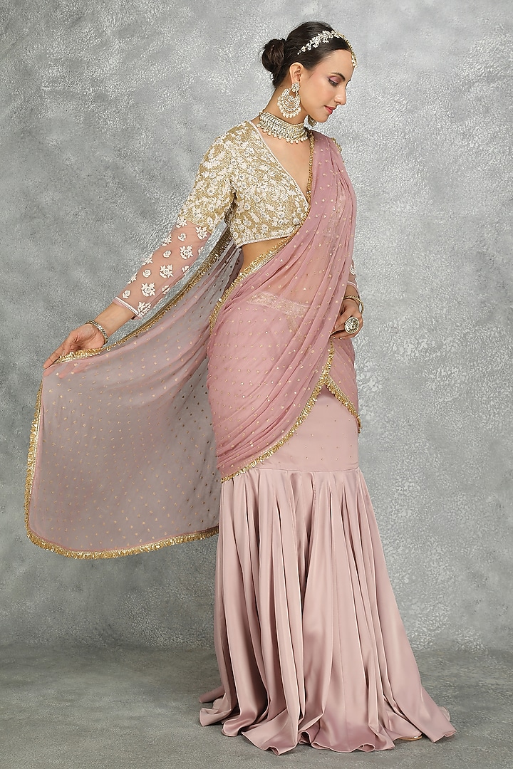 Purple Net & Chiffon Draped FIsh-Cut Skirt Wedding Saree Set by Tanu Malhotra at Pernia's Pop Up Shop