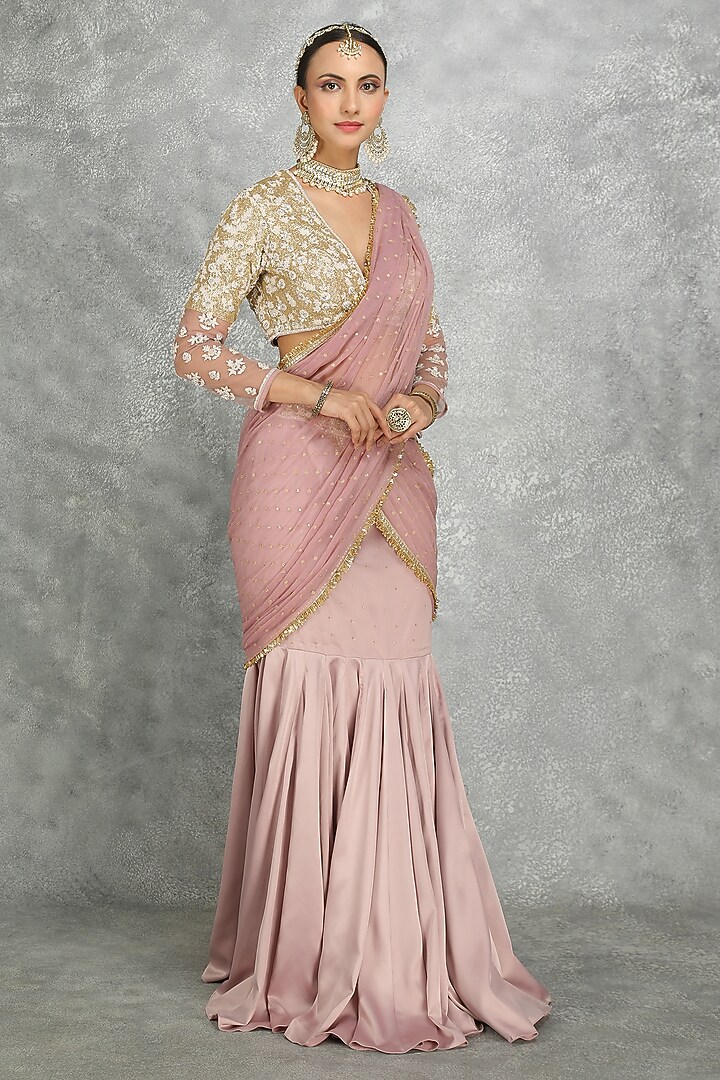 Purple Net & Chiffon Draped FIsh-Cut Skirt Wedding Saree Set by Tanu Malhotra at Pernia's Pop Up Shop
