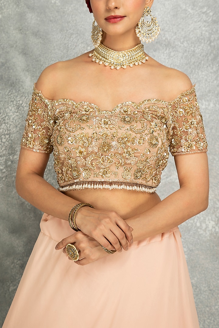 Peach Georgette Sequins Embroidered Wedding Lehenga Set by Tanu Malhotra at Pernia's Pop Up Shop