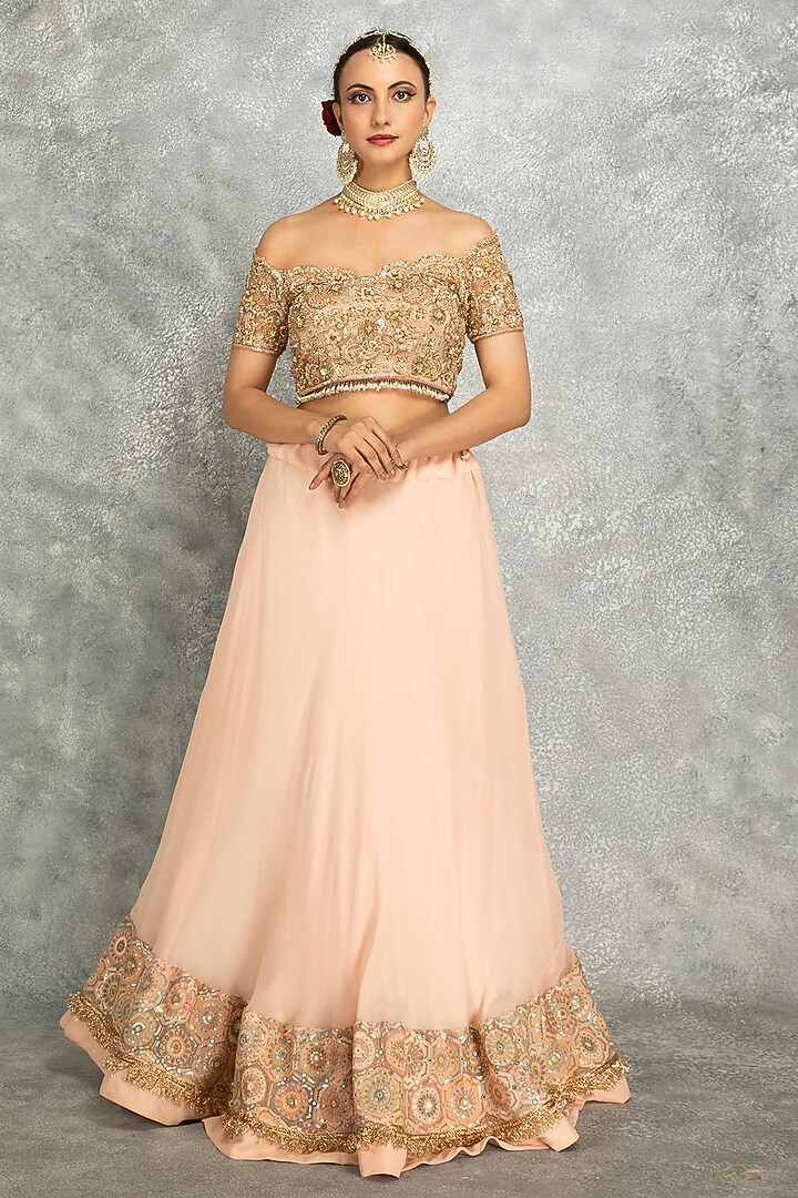 Peach Georgette Sequins Embroidered Wedding Lehenga Set by Tanu Malhotra at Pernia's Pop Up Shop