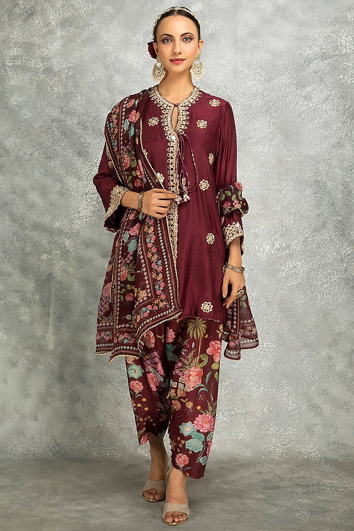 Wine Soft Cotton Silk Mirror Embroidered Angrakha Kurta Set by Tanu Malhotra at Pernia's Pop Up Shop