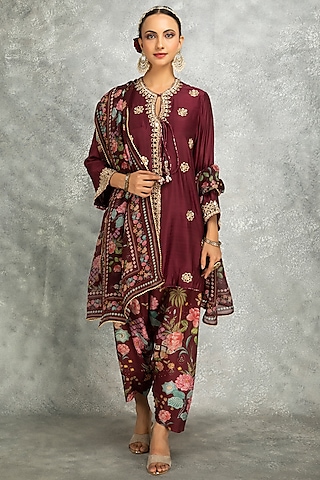 Wine Soft Cotton Silk Mirror Embroidered Angrakha Kurta Set by Tanu Malhotra