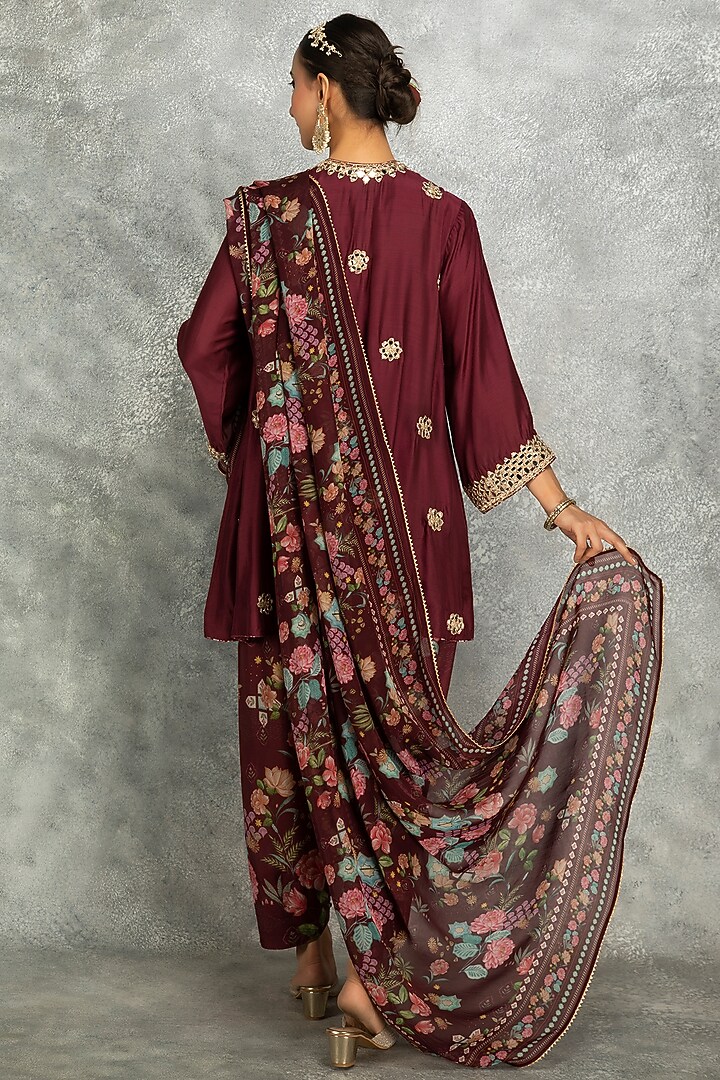 Wine Soft Cotton Silk Mirror Embroidered Angrakha Kurta Set by Tanu Malhotra at Pernia's Pop Up Shop