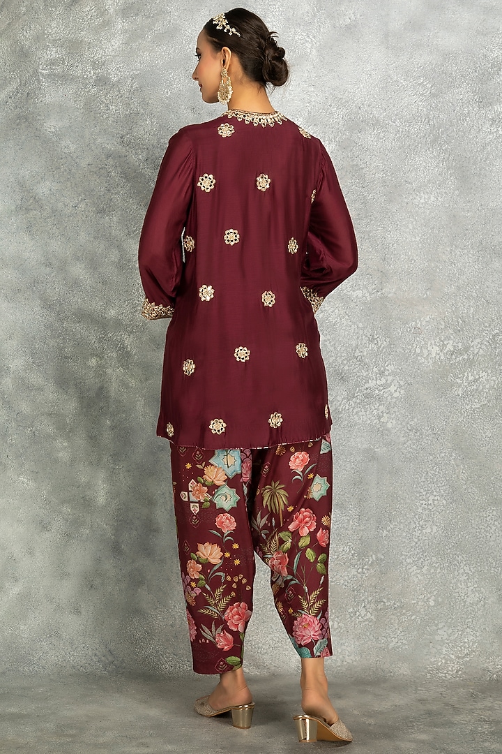 Wine Soft Cotton Silk Mirror Embroidered Angrakha Kurta Set by Tanu Malhotra at Pernia's Pop Up Shop